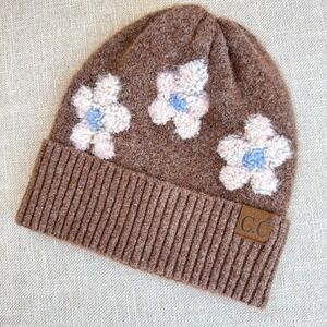 CC Knit Beanie Size OS Brown Floral Hat‎ Cozy Cottagecore Winter Kidcore Cute